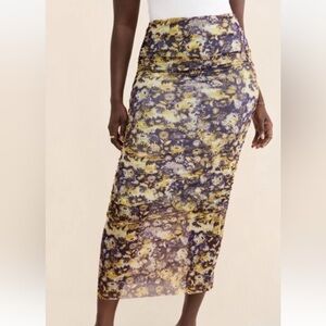 Anthropologie Sz L Ruched Mesh Skirt Purple | Yellow Floral NWT($98) #885